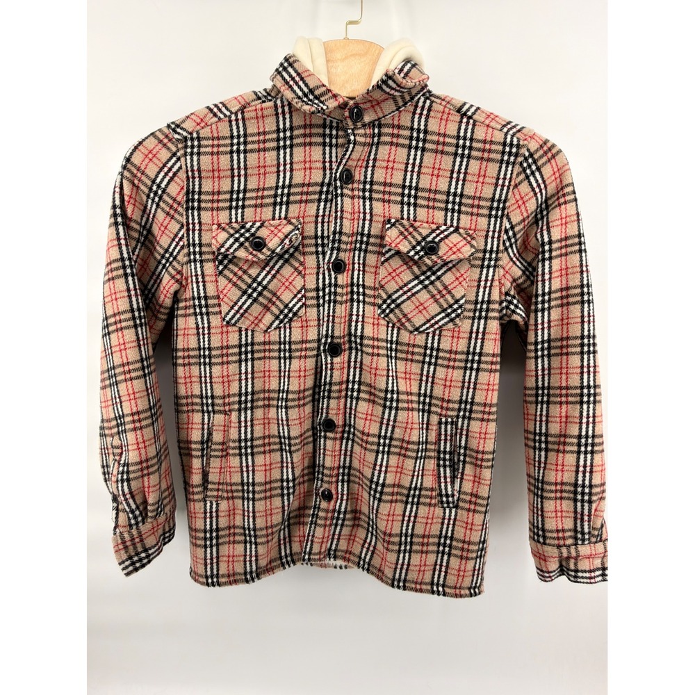 Distortion Men Plaid Sherpa‎ Lined Hooded Flannel Shirt Jacket Shacket Beige L